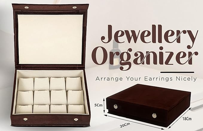 atorakushon Velvet Earrings Jewelry Box Women 12 Slots Jhumka Jewelry Organizer, Rings Earrings Holder Organizer Display Storage Case, for Woman and Girls (Brown)