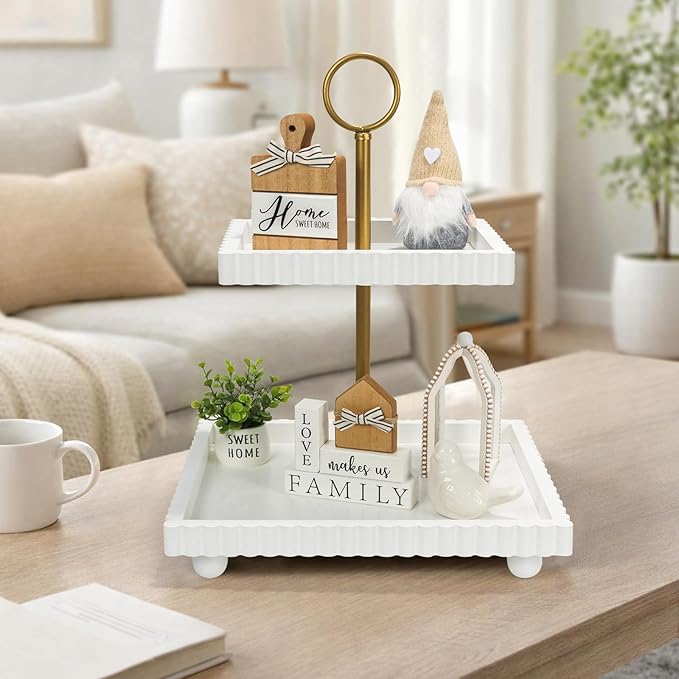 Wooden Two Tiered Tray Stand for Decor, Modern 2 Tier White Rectangular Decorative Tray with Gold Handle Farmhouse Countertop Serving Display Stand for Home Kitchen Coffee Bar Table Centerpiece