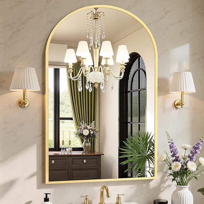 Sweetcrispy 26.5"x38" Arched Gold Bathroom Vanity Mirror for Over Sink, Wall Decor Mirror for Entryway, Bedroom, Living Room