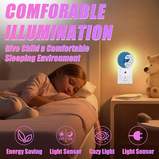 Blue Peacock Night Light Vintage Feathers Night Lights LED Lamp Round Plug into Wall Nightlight with Dusk to Dawn Sensor Home Hallway Stairway Kitchen Decor