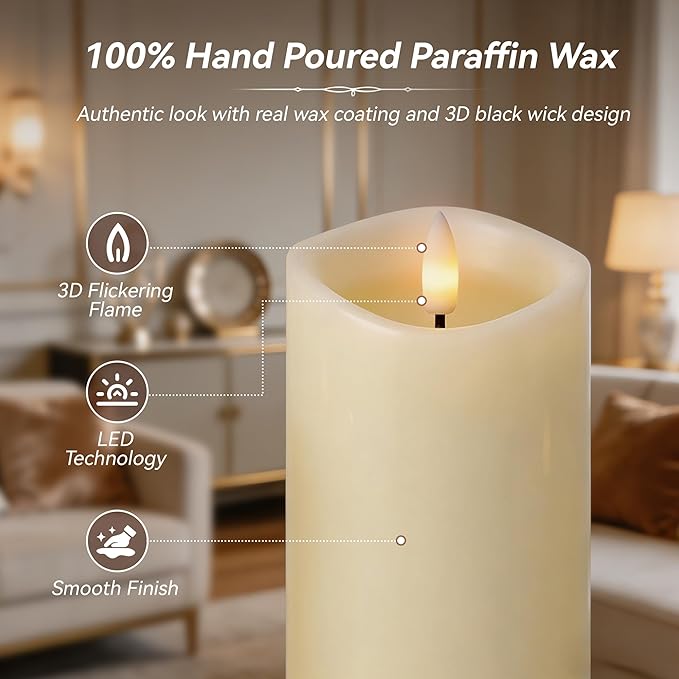 Rechargeable Flickering Flameless Candles Melted Edge Battery Operated with Remote and Timer, Real Wax LED USB Type-C Pillar Candles, Set of 3 (3" x 4",5",6"), Ivory, Home Decor