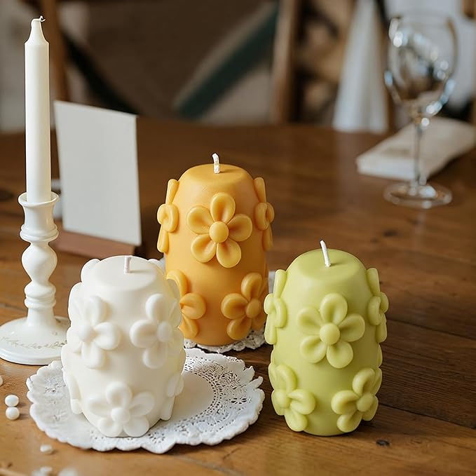 Lyrow 3 Pcs Daisy Pillar Candles 3D Embossed Floral Candle Set 3'' H Easter Decorative Candles for Spring Wedding Home Dinner Decor Housewarming Gifts