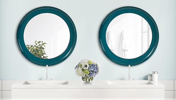 Kate and Laurel Laranya Modern Round Mirror; 22 Inch Diameter; Teal and Black; Decorative Circle Mirror with Metal Frame and Glossy Hand Applied Finish