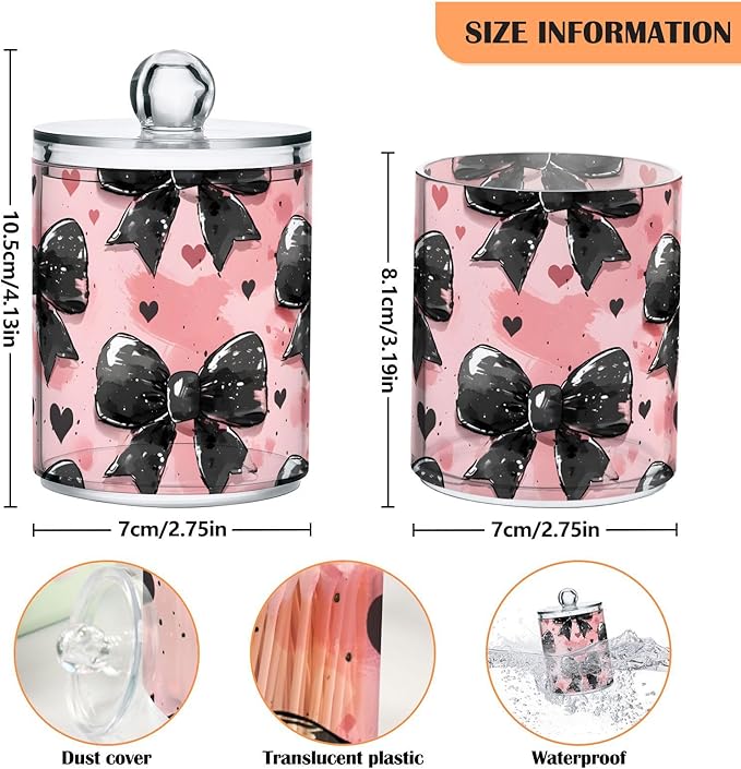 4 Pack Qtip Holder Dispenser Black Bow Heart Pink Cotton Ball Cotton Swab Round Pads Floss Clear Bathroom Storage Containers Plastic Apothecary Jars with Lids