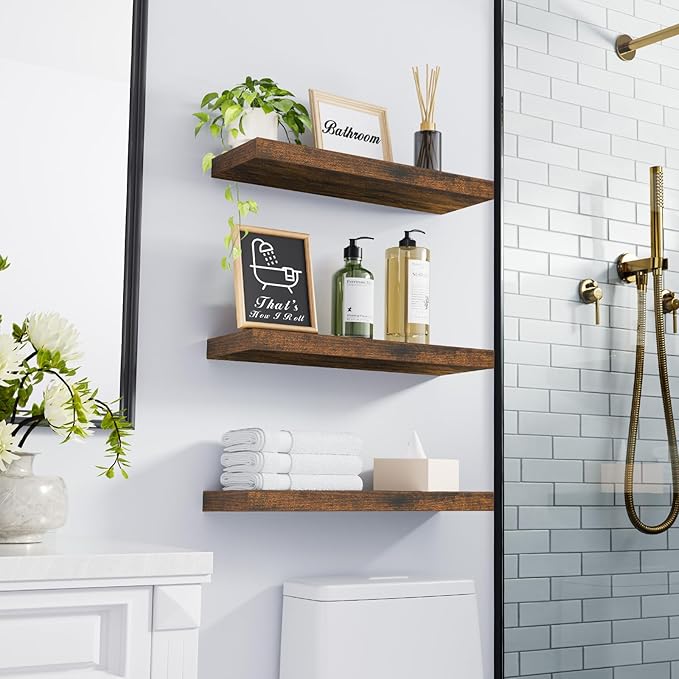 BAYKA Bathroom Floating Shelves for Wall Set of 3 - Rustic Brown Farmhouse Wood Shelves Over Toilet for Bedroom, Kitchen, or Living Room Decor Display, Storage for Plants, Toilet Paper or Bath Towels