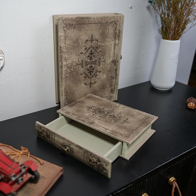 Vintage Book-Shaped Storage Box with Drawer, Distressed Vintage Brown Faux Leather Finish and Gothic Medallion Motif, Decorative Hidden Organizer for Home or Office 11.8″ x 8.7″ x 2.4″