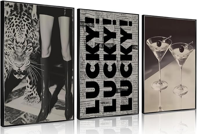Trendy Leopard Wall Art Fashion Cheetah Lucky Martini Wall Decor Pictures Funky Vintage Preppy Luxury Aesthetic Posters Prints for Girly Bedroom Apartment Dorm Decoration Unframed 12x16in