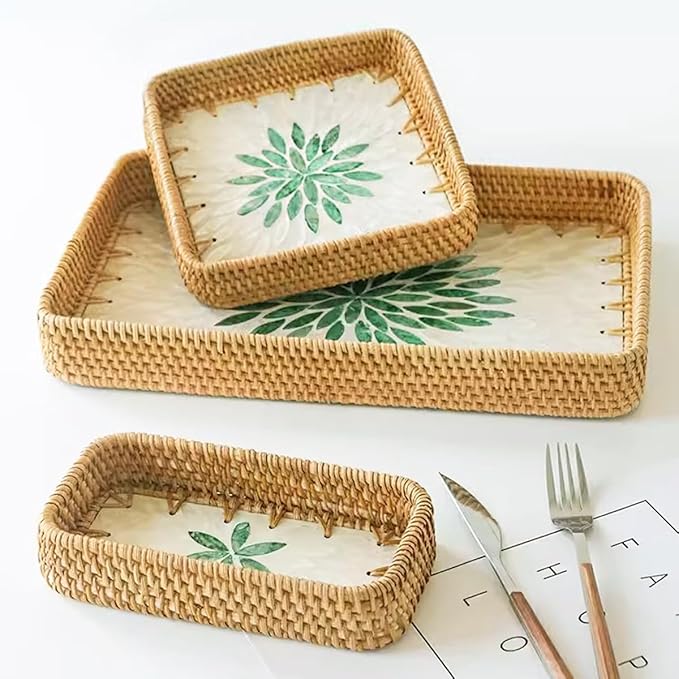 i-lan Set of 3 15" Rectangular Rattan and Mother of Pearl Serving Tray, Green Leaf Pattern Decorative,Boho Rectangule Natural Rattan Woven Trays for Entryway Kitchen Bathroom Counter
