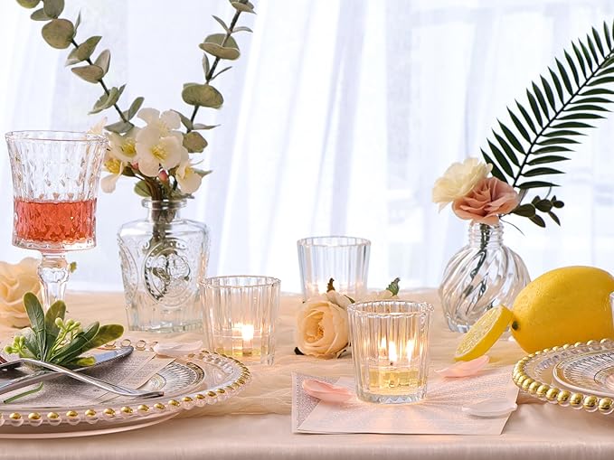 NITIME 24Pcs Vintage Ribbed Votive Candle Holders, Glass Candle Holder for Wedding Table Decor, Tea Lights Candle Holder for Table Centerpiece, Christmas, Holiday Decor