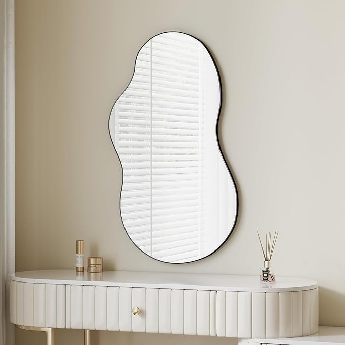 Itrue 26x46 Inch Black Framed Irregular Tempered Glass Wall Mirror, Asymmetrical Vanity Mirror for Bathroom, Bedroom, Entryway