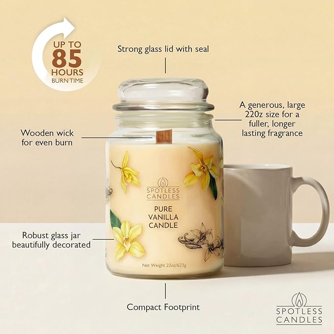 Pure Vanilla Scented Candle 22oz – 80-85 Hour Burn Time, Wooden Wick, Large Glass Jar with Lid, Warm Cozy Fragrance for Home Relaxation & Gift by Spotless Leopard