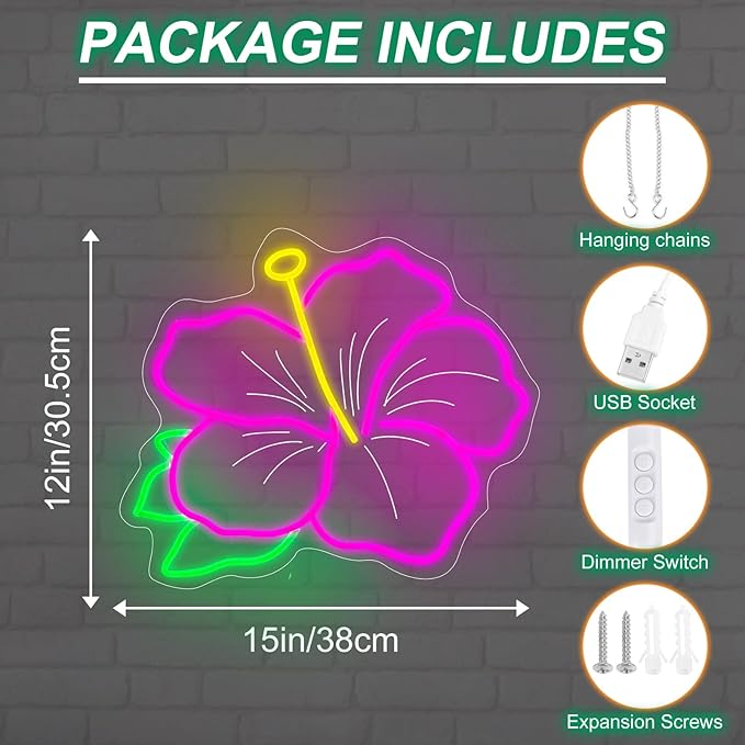 Hibiscus Neon Sign Hibiscus Flower Neon Light Hawaii Floral Neon Light Tropical Flower Sign Home Wall Art Decoration, 15"x12", Pink