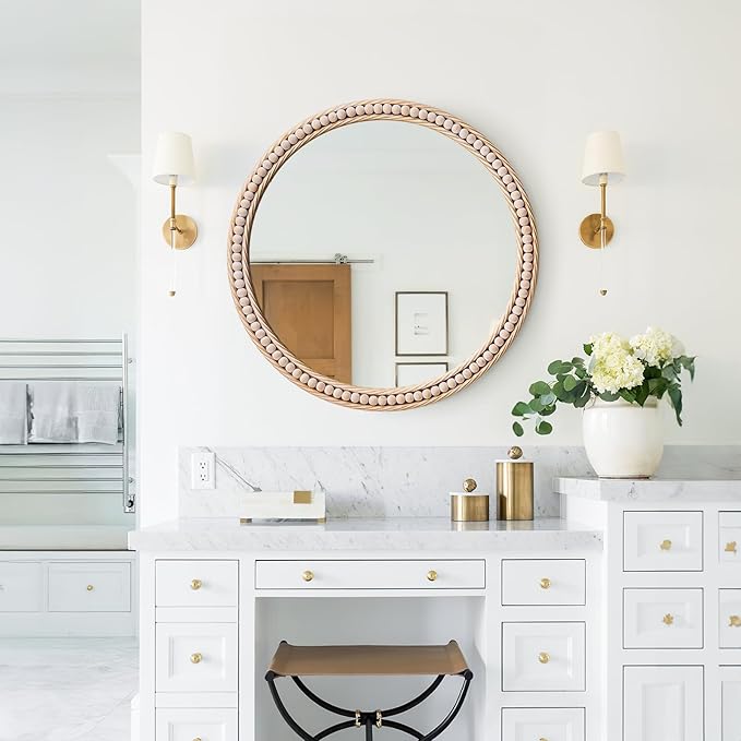 Antique Gold Round Wall Mirror 20", Ornate Beaded Metal Frame Mirror for Bathroom, Vintage Farmhouse Circle Accent Mirror for Bedroom Living Room Entryway or Vanity with Distressed Whitewashed Finish