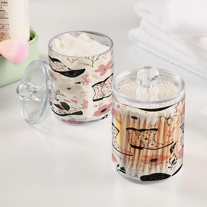 Nander 4Pack Beautiful Cow Style Cowboy Boots Qtip Holder Dispenser -Clear Plastic Apothecary Jars Set - Restroom Bathroom Makeup Organizers Containers for Cotton Swab, Ball, Pads, Floss