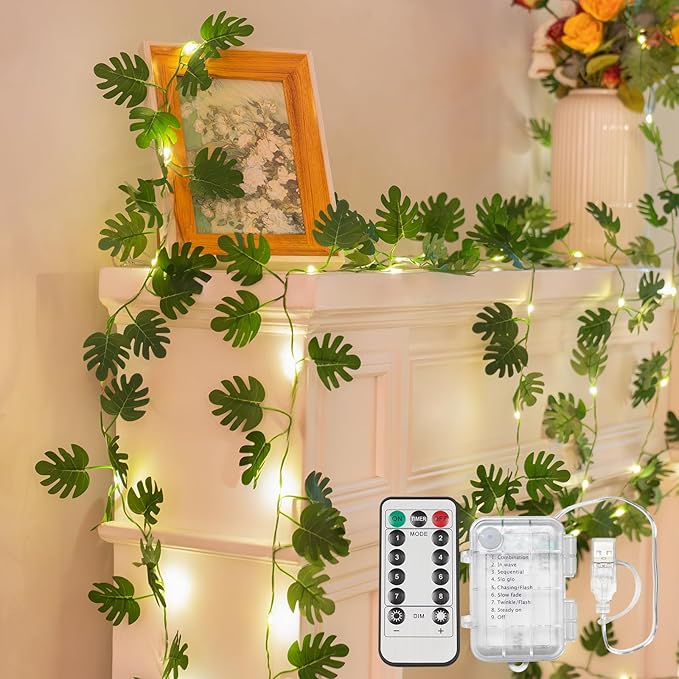 suddus Vines with Fairy Lights Battery & USB Powered Operated, 33ft 100 LED Monstera Leaves String Lights with Remote, Artificial Plants for Indoor, Bedroom, Wall, Party Tropical Decor(Warm White)