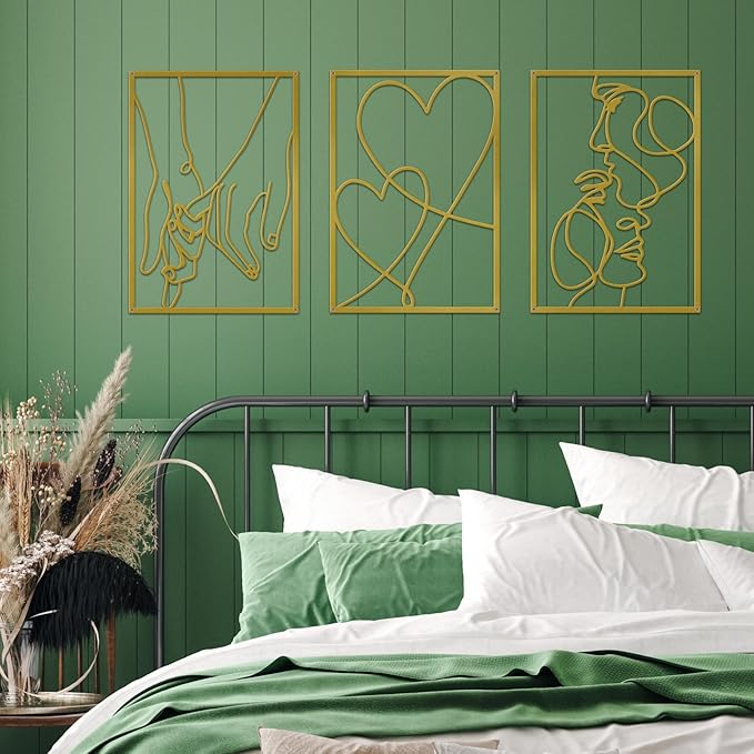3 Pieces Metal Minimalist Line Wall Art, Valentine's Day Lover Kiss Hand Metal Wall Decor, Aesthetic Modern Home Hanging Wall Art Decor for Bedroom Bathroom Living Room (Gold)