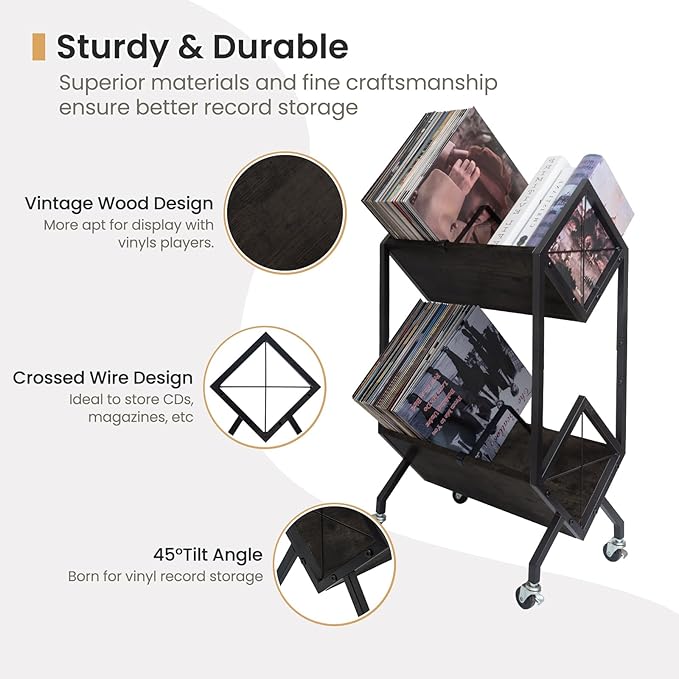 SwaaVee Vinyl Record Storage Holder with Wheels, 2-Tier Record Holder 160-200 LP with Dividers, Retro Style Quick Assembly Vinyl Record Display for Albums, Magazine, Book, Files (2 Tier- Black)