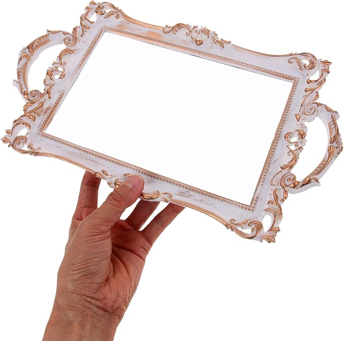 Gold Vintage Mirror Surface Jewelry Tray Decorative Perfume Vanity Organizer Plastic Serving Plate for Home Décor and Makeup Storage