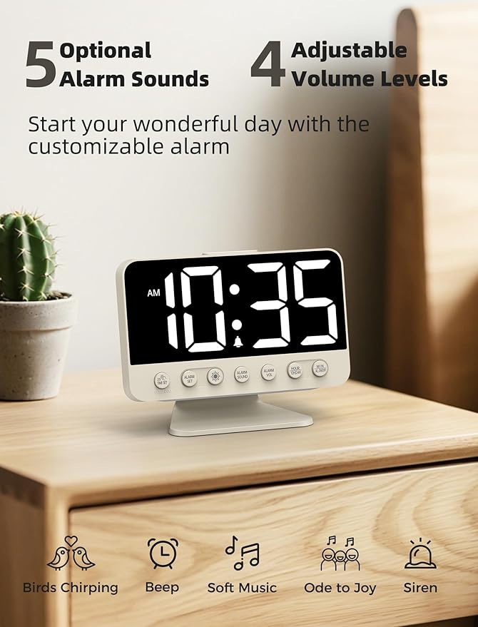 Odokee Digital Alarm Clocks for Bedrooms: Large Bold Number 5 Brightness Dimmer - Easy to Read Across The Room - 5 Alarm Sound 8 Night Light - Putty