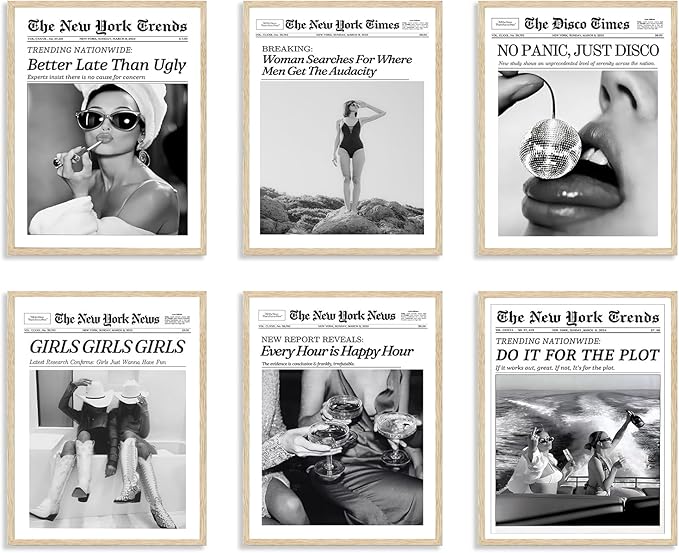 TWNSLLA Trendy Newspaper Wall Art Woman Searches For Where Men Get The Audacity Posters Prints,New York Times Wall Art Canvas,Vintage Bart Cart Decor Retro Girl Dorm Room Decor Aesthetic,8x10inchx6pcs,Unframed