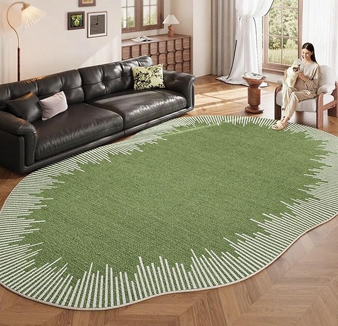 Grass Green White Stripes Irregular Shaped Rug 6x9 Modern Abstract Texture Irregular Aea Rug for Living Room Bedroom Nursery Washable Low Pile Carpet Minimalist Boho Home Office Guestroom Carpets