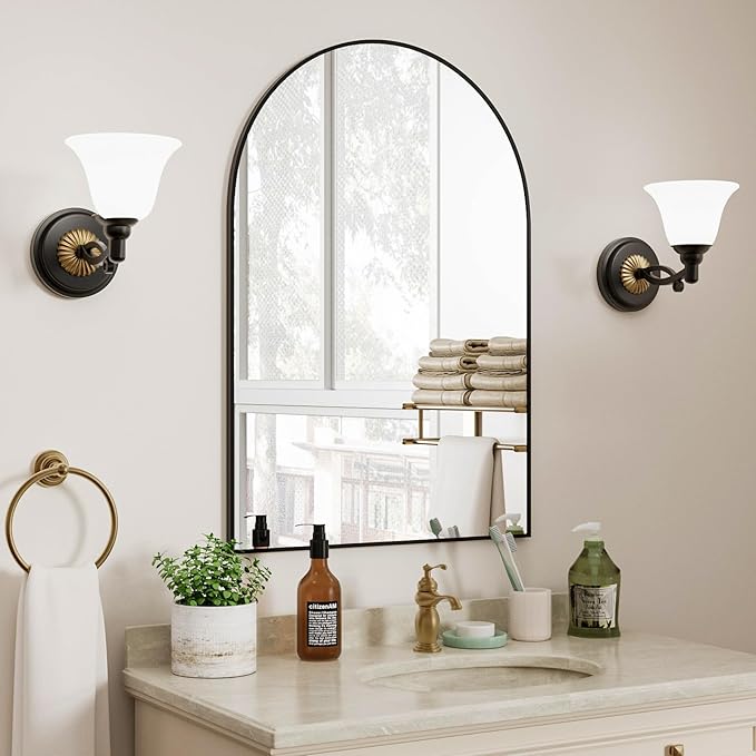 Rowjut Arched Wall Mirror 38"x24"Window Mirrors Decorative Wall & Iron Framed Bathroom Mirror, Arched Top Wall Mirror for Entryway. Living Room, Bedroom, Fireplace .（Black