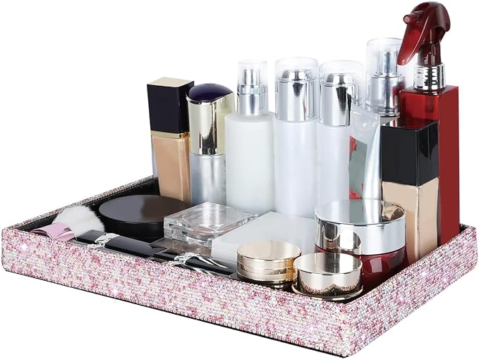 Jewelry or Makeup Storage Box Organizer Display Storage Case Desk for Dresser, Bathroom, Bedroom, and Makeup Perfume,Magnificent Handmade Serving Tray, Handicraft with Glittery Crystal(Pink)