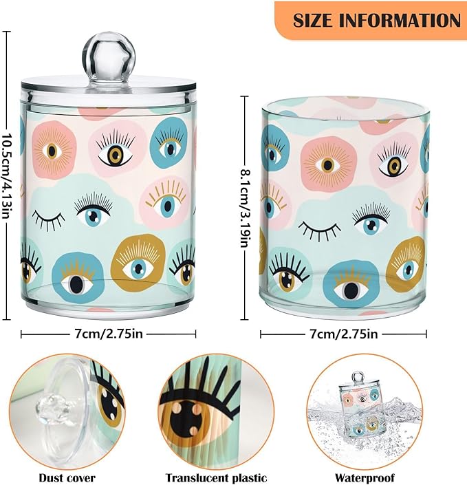 Colorful Evil Eye Bathroom Containers Holder with Lids Set Clear Jars 2 Pack Plastic Makeup Storage Organizer 4.13 x 2.75In for Pads Cotton Swabs Hair Clips
