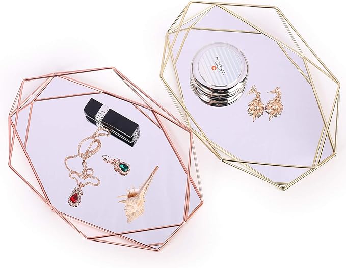 Decorative Tray Mirrored Metal Ornate Vanity Jewelry Cosmetic Table Organizer Storage Geometric Prisma Tray Desk Countertop Decor Gift Nordic Simple Style (Rose Gold)