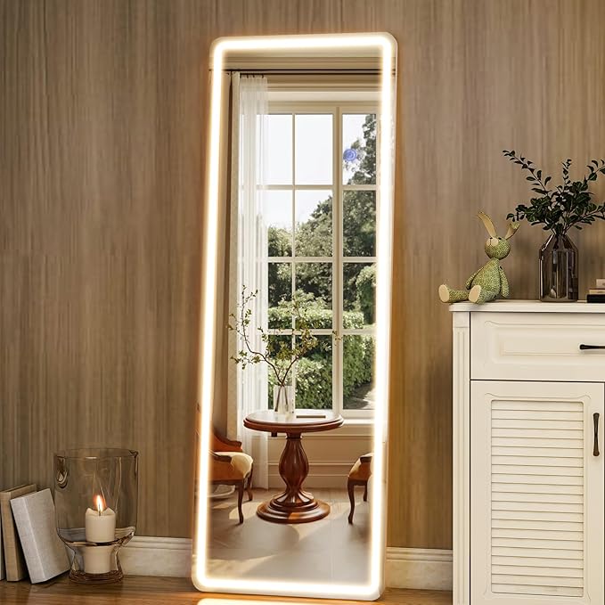 GLSLAND LED Full Length Mirror 60"x16" Floor Mirror with Stand, Wall Mounted Hanging Free Standing Full Body Mirror with Lights for Bedroom Living Room, White