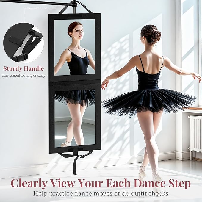 Shinowa Foldable Portable Full Length Mirror for Dancer, Camping and Travel, Shatter-Proof Acrylic Hanging Mirror with Handle, 33x13 Inch Full Body Travel Backstage, Black