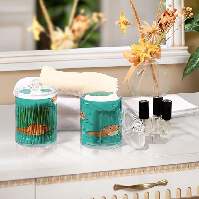 Nander 2Pack Cute Cartoon Capybara Qtip Holder Dispenser -Clear Plastic Apothecary Jars Set - Restroom Bathroom Makeup Organizers Containers for Cotton Swab, Ball, Pads, Floss