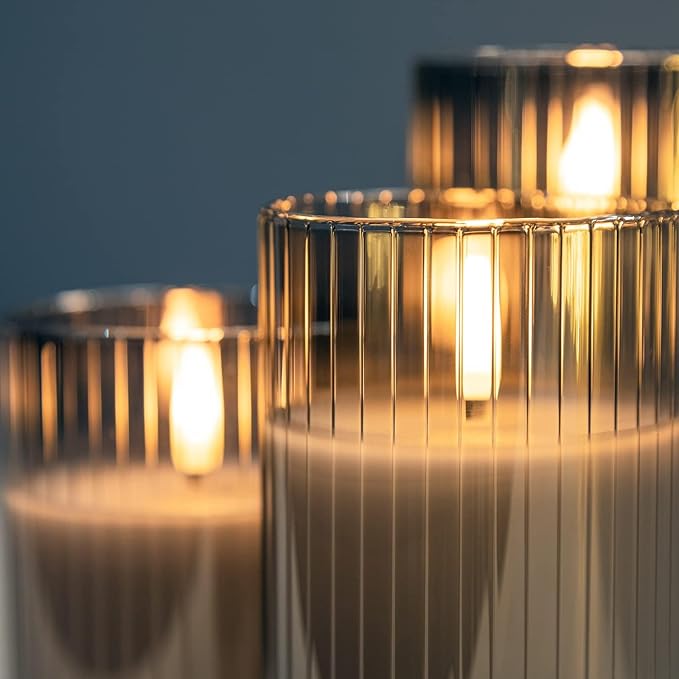 ANGELLOONG Gray Flameless Candles with Remote, Battery Operated Candles with Timer, LED Candle Flickering Pillar, Fake Electric Candles for Home Bathroom Shelf Decor, Set of 3
