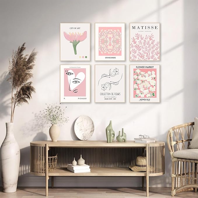 Pink Flower Market Poster, Minimalist Matisse Wall Art Prints, Abstract Floral Flower Posters for Room Aesthetic, Boho Canvas Art Prints for Bedroom, Vintage Gallery Paintings Wall Decor（8x10inch, Unframed)