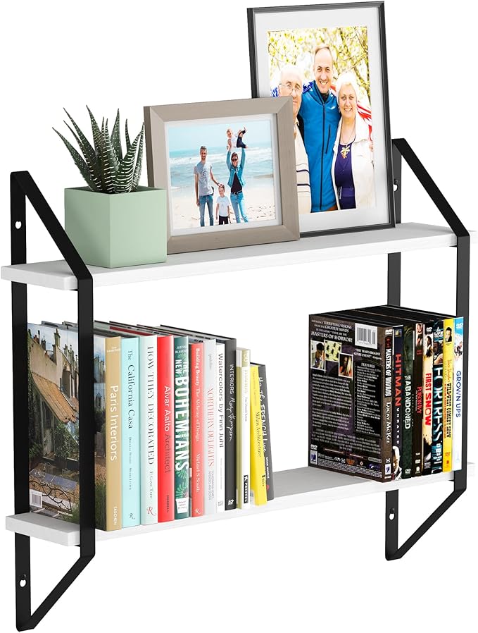 Wallniture Ponza Floating Shelves for Living Room Decor, 24" Bookshelf Wall Decor, 2 Tier Bathroom Organizer & Kitchen Organization, White Wall Shelves Bedroom Decor