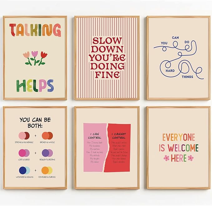 Mental Health Office Wall Decor Therapy Wall Art Mental Health Canvas Posters Motivational Inspirational Quotes Pictures Boho Positive Artwork for Counseling Office Classroom 12x16 Inch Unframed 6Pcs