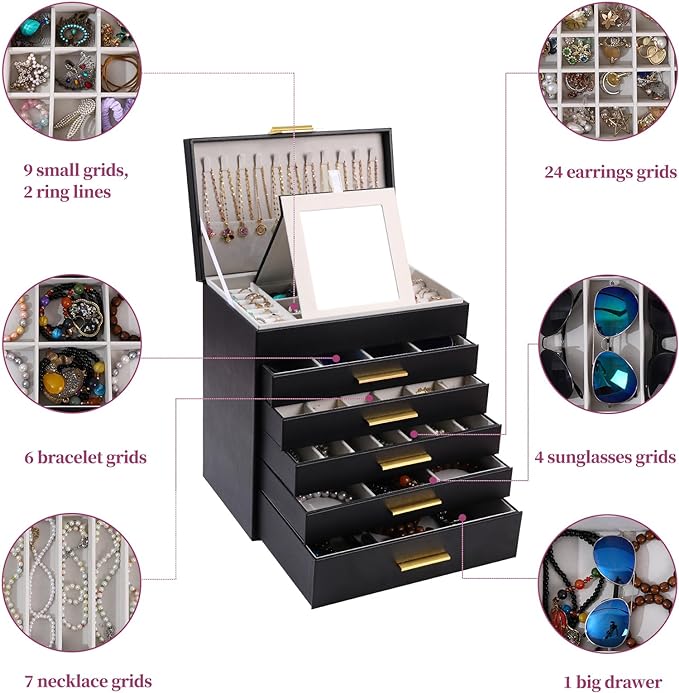 BOOVO Jewelry Boxes for Women, White and Black 6 Layer Large Jewelry Box for Necklace, Bracelet, Earrings, Rings Storage, Jewelry holder Organizer for Girls Gift (Black and Gold, 6 layer)