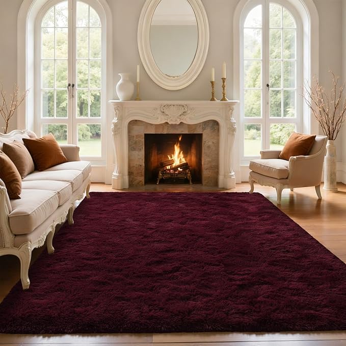 5x7 Red Area Rugs for Living Room Shag Fur Rug,Thick Modern Non-Slip Soft Plush Carpets for Girls Woman Female Wedding Bedroom Home Décor Aesthetic Dark