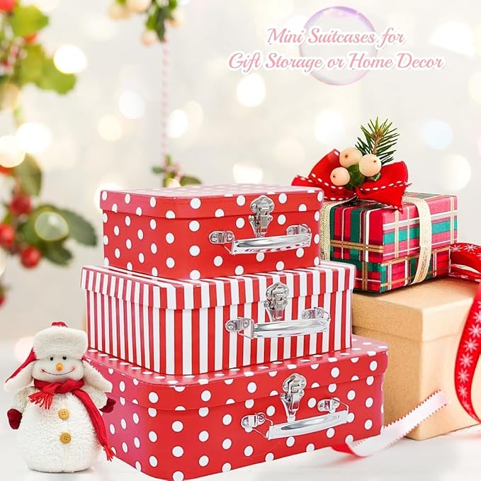Paperboard Suitcases Set of 3 Decorative Storage Boxes With Lids, Red Gift Boxes With Lids, Nesting Gift Boxes for Disney Toys Barbie Doll Kids, Christmas or New Year Decoration