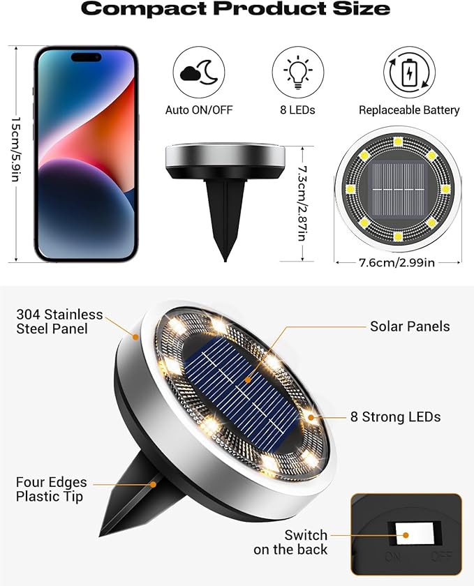 btfarm 2 Pack Solar Lights Outdoor, 8 LED Solar Ground Lights IP65 Waterproof Flat Solar Disc Light, Pathway Lights for Garden Lawn Patio Yard Path Landscape, Warm White