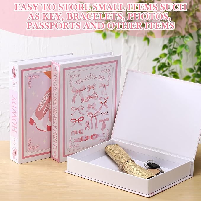 Weysat 3 Pcs Pink Bow Coquette Decorative Fake Books 9.8 Inch Preppy Faux Stacked Books Aesthetic Cute Modern Magnetic Storage Box for Coffee Table Bookshelf Display Bedroom Home Room Decor
