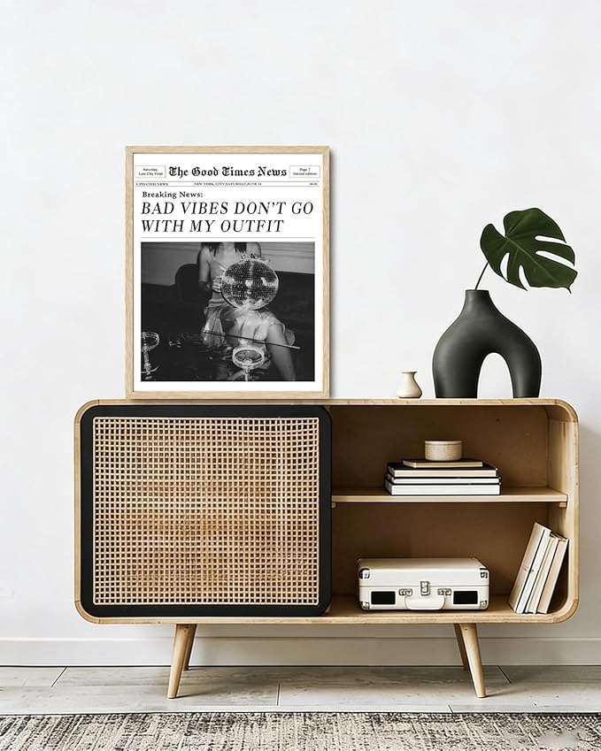Bwodke OAK Wood Framed Wall Art Bad Vibes Don't Go With My Outfit Canvas Art Disco Bar Pictures Wall Decor Vintage Magazine Bar Cart Prints Trendy Newspaper Artwork for Girly Dorm Bedroom 16"x20"