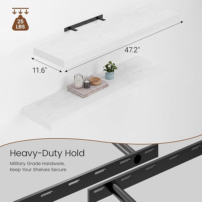Heimlove 12" Deep Floating Shelves for Wall, 48W x 12D Inch Shelf Bathroom Shelves Set of 2, Mounted Shelves for Books Living Room Laundry Room Bedroom Kitchen Home Office, White