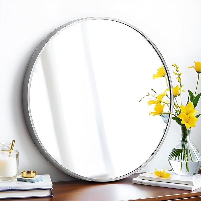 SCWF-GZ 24" Round Mirror Circle Wall Mounted Hanging or Against Wall Aluminum Alloy Metal Frame Dressing Make-up Mirrors for Entryway Bedroom Bathroom Living Room 24 inch Silver