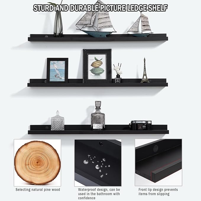AZSKY Floating Picture Ledge Shelves for Wall Set of 3, 36 Inch Photo Shelves with Lip Long Large Nursery Book Shelf for Storage Bookshelf Wall Mounted Living Room Bedroom Decor Frames