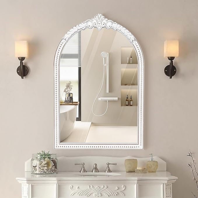 Farmhouse Baroque Wooden Wall Mirror - 36x24 Inches Antique White Arch Mirror, Ornate Beaded Decorative Mirror for Fireplace Mantel, Living Room