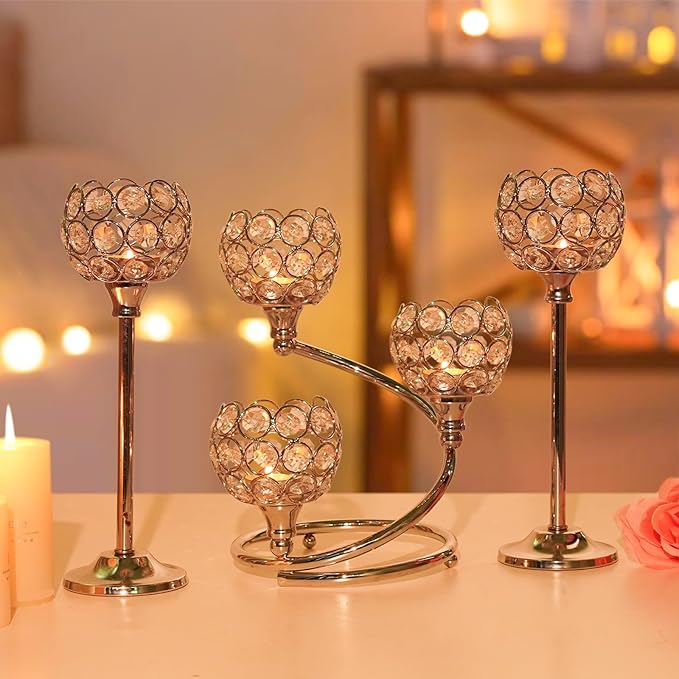 Silver Metal Crystal Candle Holder Set of 3 - Elegant 5-Arm Metal Tea Light Centerpiece with Shining Crystal Bowl, Wedding Anniversary Table Decor for Dining, Party