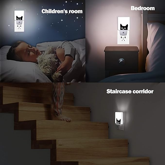 Black Cat Cute Dusk to Dawn Night Light, Auto Sensor Lamp Home Indoor Stairway Kitchen Corridor, Night Lights Plug into Wall Decor, Boys Girls Women Men Room Gifts