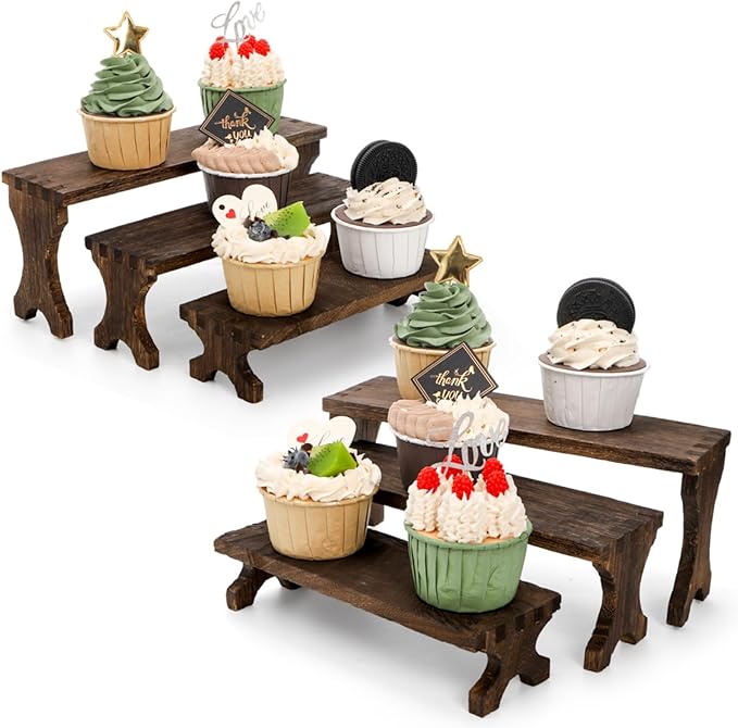 ZAVOOS 6 Pack Wood Risers Display Stands, 3 Tier Rectangular Wooden Cupcake Stands Rack for Vendor, Rustic Tiered Decorative Perfume Organizer Shelf for Food, Dessert, Collectibles, Party