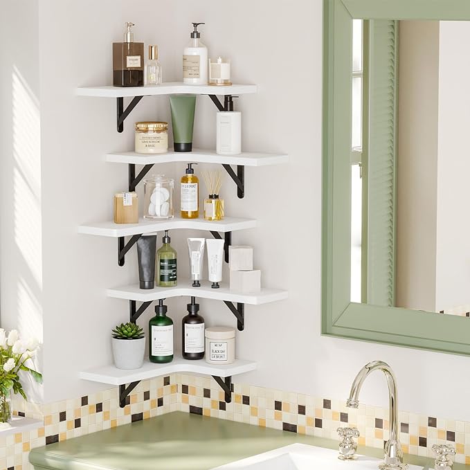 Fixwal Floating Shelves for Wall, Rustic Wood Wall Mounted Corner Shelf for Bathroom, Kitchen, Bedroom, Home Decor, Laundry Room, Living Room, Set of 5 (White)